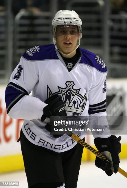 Jack Johnson of the Los Angeles Kings warms up before the NHL game against the Buffalo Sabres at Staples Center on December 6, 2007 in Los Angeles,...