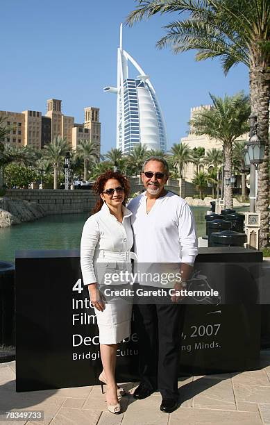 Singer Gloria Estefan and producer Emilio Estefan attend a photocall for the movie '90 Millas' during day two of the 4th Dubai International Film...