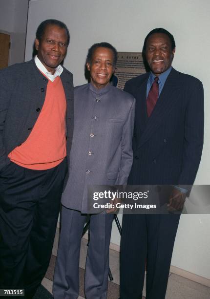 Actor Sidney Poitier, left, director William Greaves, center, and Olympic legend Rafer Johnson attend the premiere of the PBS documentary "Ralph...