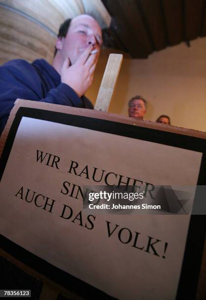 Convinced cigarette smokers attends a smokers protest rally at Loewenbraeu Keller beer hall on December 10, 2007 in Munich, Germany. A coalition of...