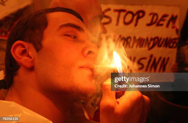 Convinced cigarette smokers attends a smokers protest rally at Loewenbraeu Keller beer hall on December 10, 2007 in Munich, Germany. A coalition of...