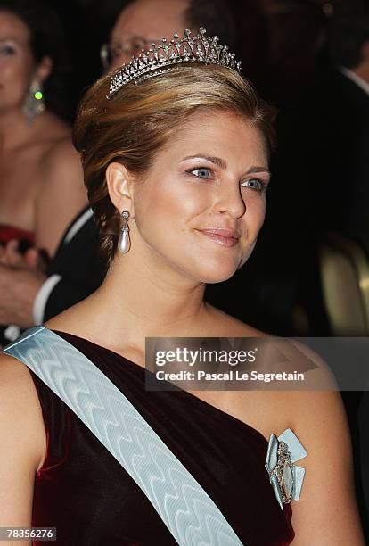 Princess Madeleine of Sweden attends the Nobel Foundation Prize 2007 Gala Dinner at the City Hall on December 10, 2007 in Stockholm, Sweden.