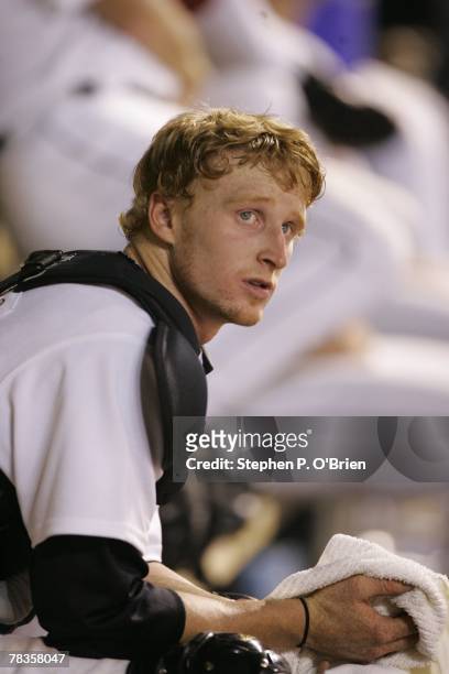 Catcher J.R. Towles of the Houston Astros sits in the dug out during the game against the Pittsburgh Pirates on September 15, 2007 at Minute Maid...
