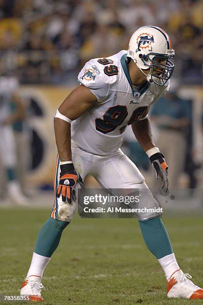 Jason Taylor of the Miami Dolphins during a game between the Pittsburgh Steelers and Miami Dolphins at Heinz Field in Pittsburgh, Pennsylvania on...