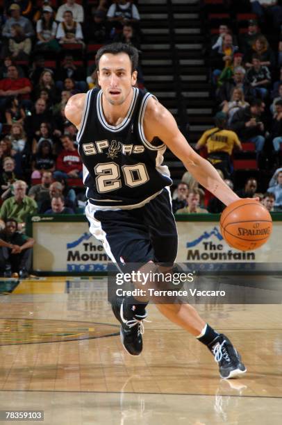 Manu Ginobili of the San Antonio Spurs drives to the hoop against the Seattle SuperSonics on November 25, 2007 at the Key Arena in Seattle,...