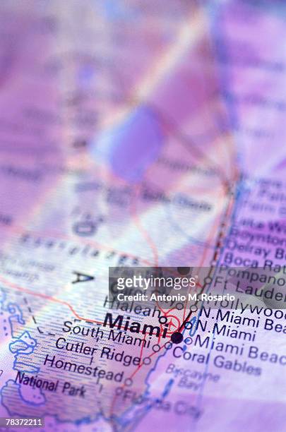 close-up of miami on map - country geographic area stock pictures, royalty-free photos & images