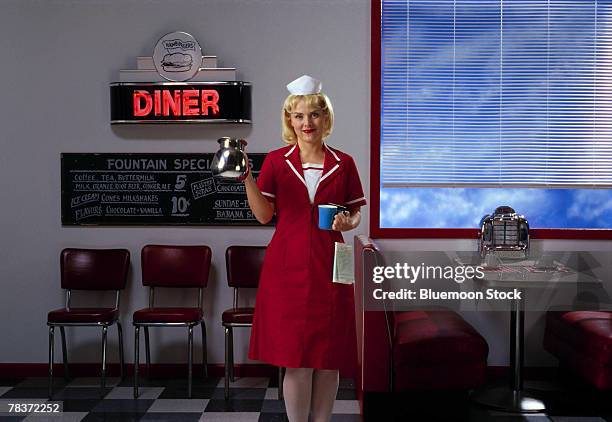 diner waitress with coffee - waitress booth stock pictures, royalty-free photos & images