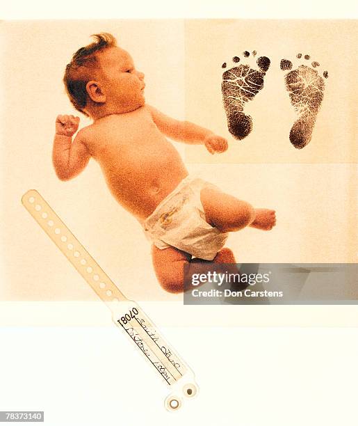 baby footprints and medical bracelet - hospital identification bracelet stock pictures, royalty-free photos & images