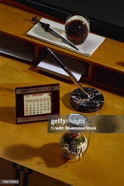 vintage writing desk with desktop objects - ペーパーナイフ ストックフォトと画像