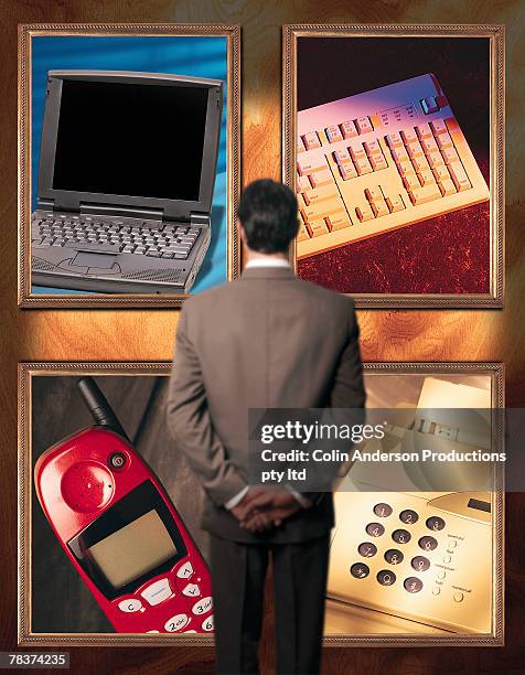man looking at communication tools - rectangle button stock pictures, royalty-free photos & images