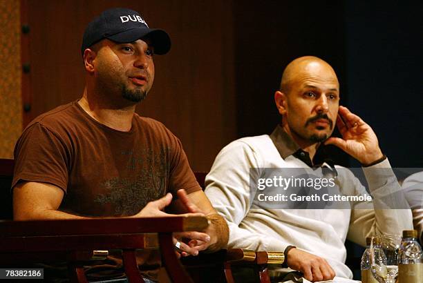 Comedians Ahmed Ahmed and Maz Jobrani of the Axis of Evil attend the Showtime Comedy Workshop during day three of the 4th Dubai International Film...