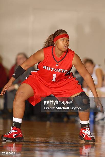 Khadijah Rushidan of the Rutgers Scarlet Knights during a game against the George Washington Colonials at Smith Center on November 18, 2007 in...