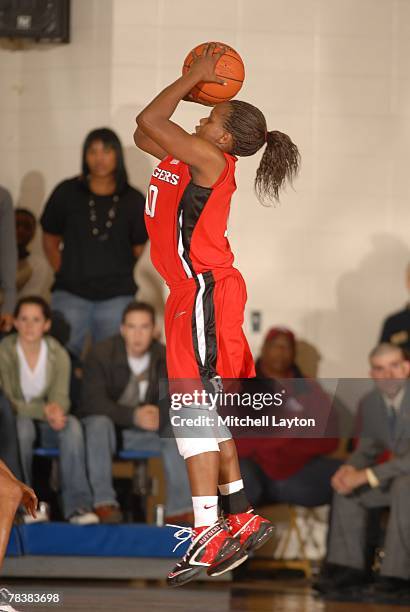 Epiphanny Prince of the Rutgers Scarlet Knights takes a jump shot during a game against the George Washington Colonials at Smith Center on November...