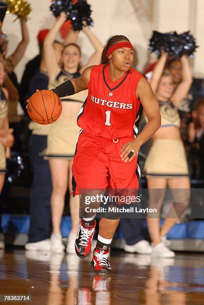 Khadijah Rushidan of the Rutgers Scarlet Knights dribbles up court during a game against the George Washington Colonials at Smith Center on November...