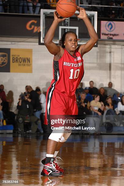 Epiphanny Prince of the Rutgers Scarlet Knights PASSES THE BALL during a game against the George Washington Colonials at Smith Center on November 18,...