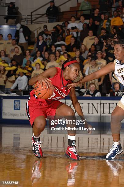 Myria McCurdy of the Rutgers Scarlet Knights dribble sthe ball during a game against the George Washington Colonials at Smith Center on November 18,...