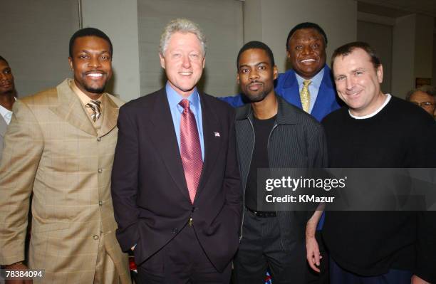 Chris Tucker, Bill Clinton, Chris Rock, George Wallace, and Colin Quinn photographed backstage of "Stand Up for New York," a performance that will...