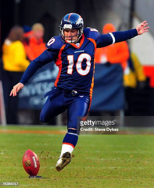 Todd Sauerbrun of the Denver Broncos kicks off during the football game against the Kansas City Chiefs at Invesco Field at Mile High on December 9,...