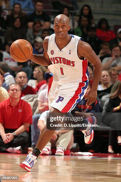 Chauncey Billups of the Detroit Pistons moves the ball up court during the game against the Utah Jazz at the Palace of Auburn Hills on November 25,...