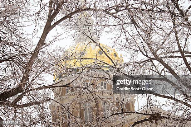 Ice covers the trees outside the State Capital Building December 11, 2007 in Des Moines, Iowa. A massive ice storm moving through the Midwest caused...