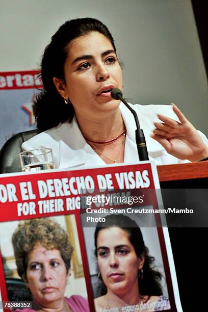 Adriana Perez, wife of the imprisoned Gerardo Hernandez, speaks during a press conference to announce the founding of a Committee for the Rights of...