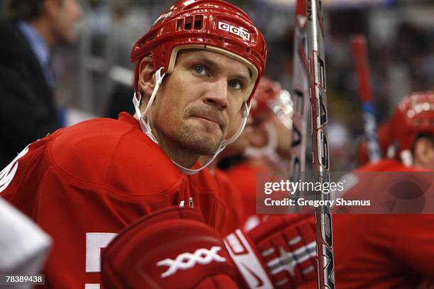 Nicklas Lidstrom of the Detroit Red Wings looks on during the NHL game against the Phoenix Coyotes at the Joe Louis Arena on December 1, 2007 in...