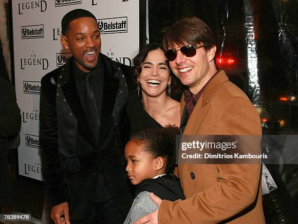 Actors Will Smith, Alice Braga, Jaden Smith and Tom Cruise attend the premiere of "I Am Legend" at the WaMu Theater at Madison Square Garden on...