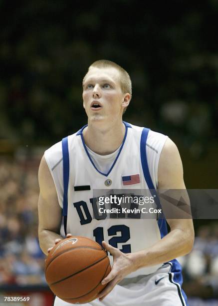 Kyle Singler of the Duke Blue Devils makes a free throw against the Wisconsin Badgers at Cameron Indoor Stadium on November 27, 2007 in Durham, North...