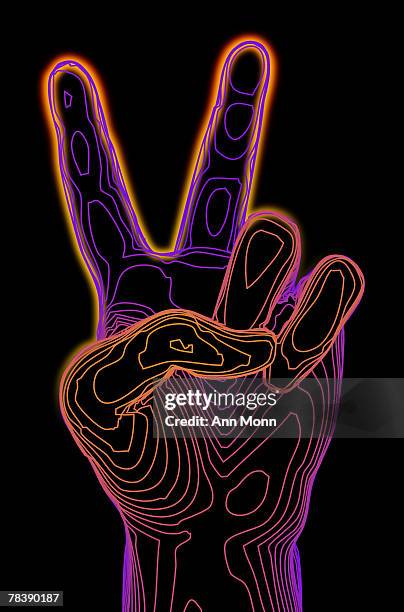 ilustrações, clipart, desenhos animados e ícones de colored topographic relief of hand giving peace sign - peace sign