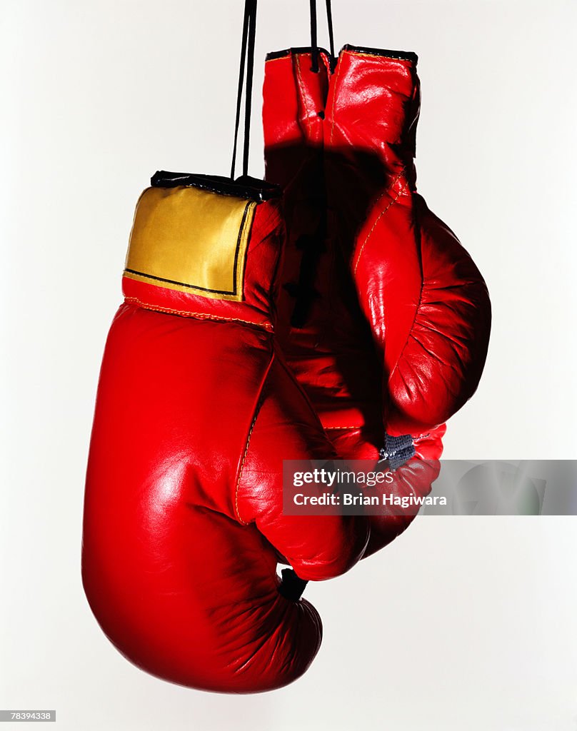 Red boxing gloves on white