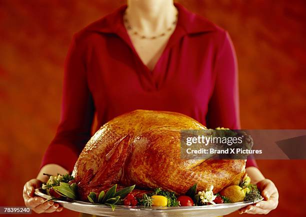 woman with roast turkey - dinde rôtie photos et images de collection