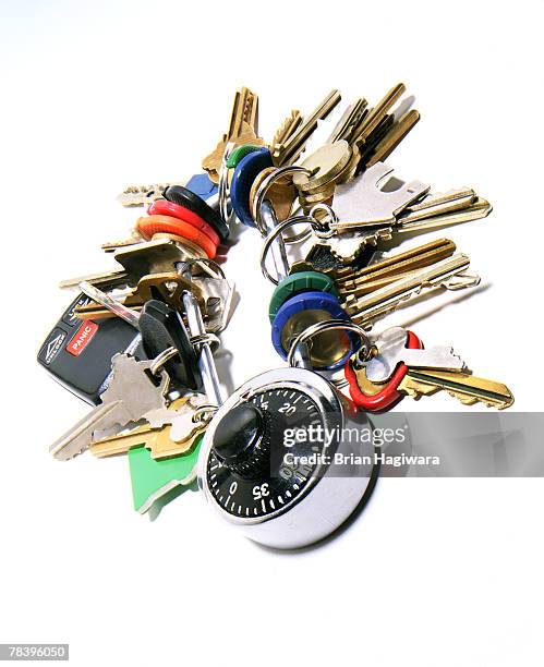 assortment of keys on ring - key ring isolated stockfoto's en -beelden