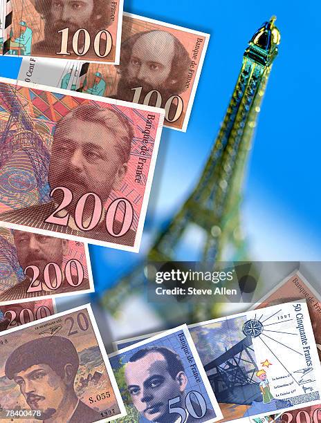 eiffel tower and french francs - fifty french franc note stock pictures, royalty-free photos & images