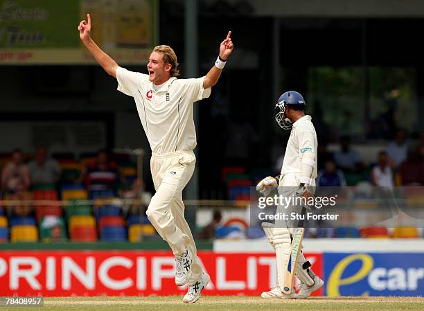 England bowler Stuart Broad celebrates his first Test wicket, that of Sri Lankan batsman Chaminda Vaas during Day Four of the 2nd Test match between...