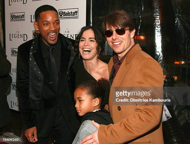 Actors Will Smith, Alice Braga, Jaden Smith and Tom Cruise attend the premiere of "I Am Legend" at the WaMu Theater at Madison Square Garden on...