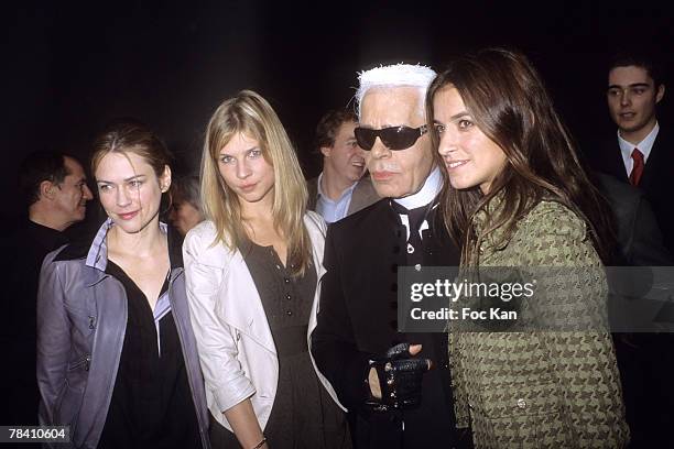 Marie Josee Croze, Clemence Poesy, Karl Lagerfeld and Joana Preiss attend the Paris Fashion Week - Spring/Summer 2008 - Ready to Wear - Chanel -...