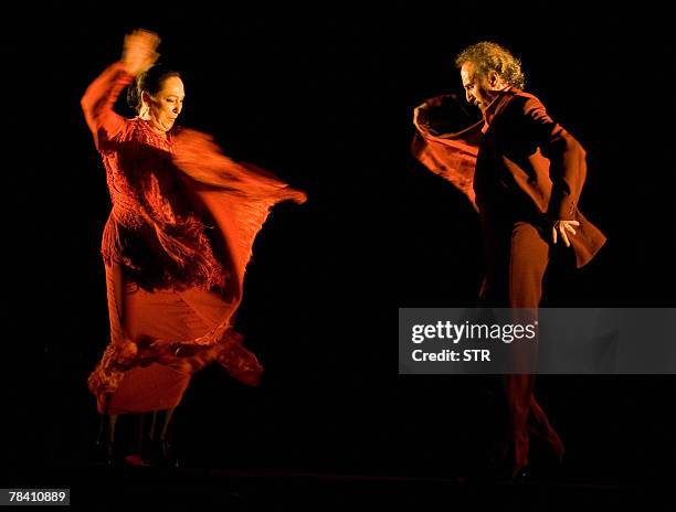 Spanish flamenco dancer Cristina Hoyos performs during her 'Viaje al Sur' dance show, the night of 10 December 2007 at the Garcia Lorca Theatre in...