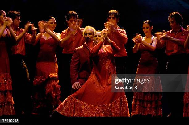 Spanish flamenco dancer Cristina Hoyos performs with her troupe during their 'Viaje al Sur' dance show, the night of 10 December 2007 at the Garcia...