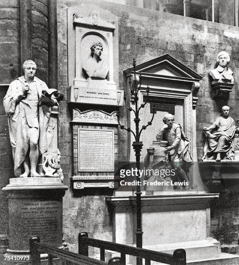 Poets' Corner, in the south transept of Westminster Abbey, circa 1950. Depicted here are such literary giants as Thomas Campbell, Robert Southey and...