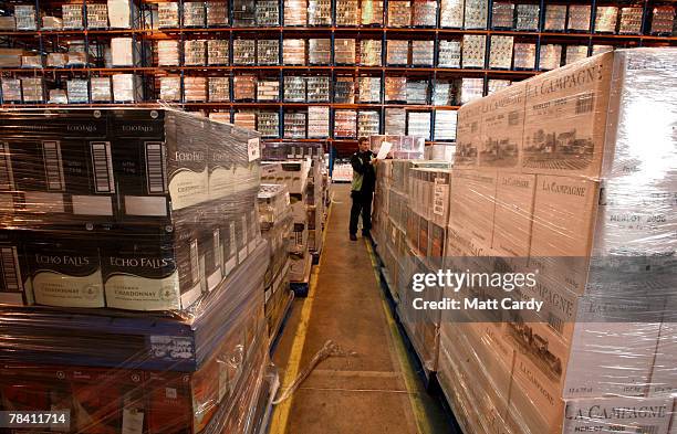 Wine and cider await to be dispatched at the giant distribution centre in Avonmouth on December 12 2007 near Bristol, England. The giant warehouse,...