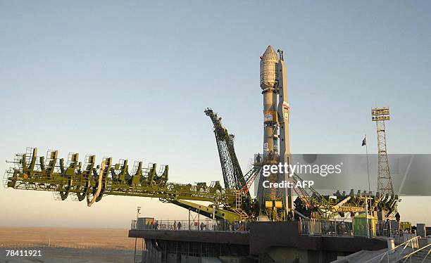 Russian Soyuz-FG space vehicle carrying the Canadian earth observation satellite Radarstat-2 makes preparations for launch at Kazakhstan's Baikonur...