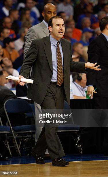 Head Coach Mike Lonergan of the Vermont Catamounts directs his team during the game against the Florida Gators on November 30, 2007 at the St. Pete...