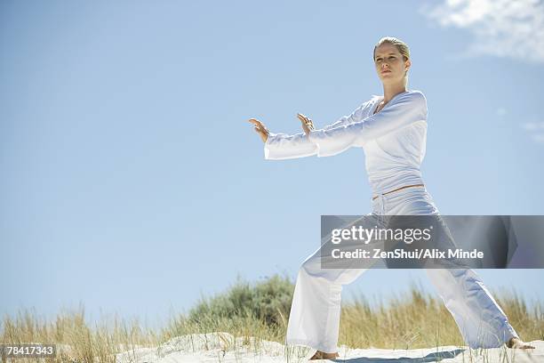 young woman doing tai chi in dunes, full length - woman and tai chi stock pictures, royalty-free photos & images