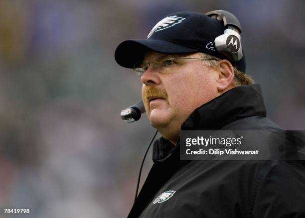 Head coach Andy Reid of the Philadelphia Eagles watches his team play against the New York Giants on December 9, 2007 at Lincoln Financial Field in...
