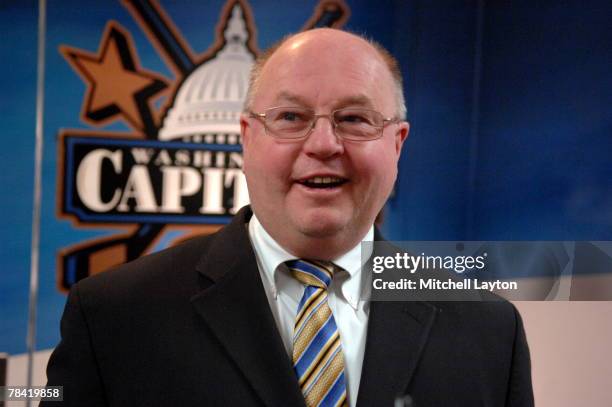 Bruce Boudreau, interim head coach of the Washington Capitals, talks to the media before a hockey game against the New York Rangers on December 12,...