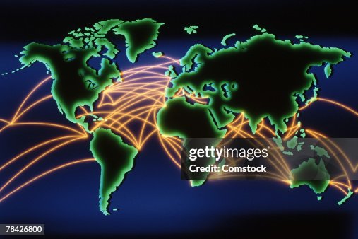 Mappath Graphics Flying World Map With Flight Paths And Navigation Routes High-Res Vector ...