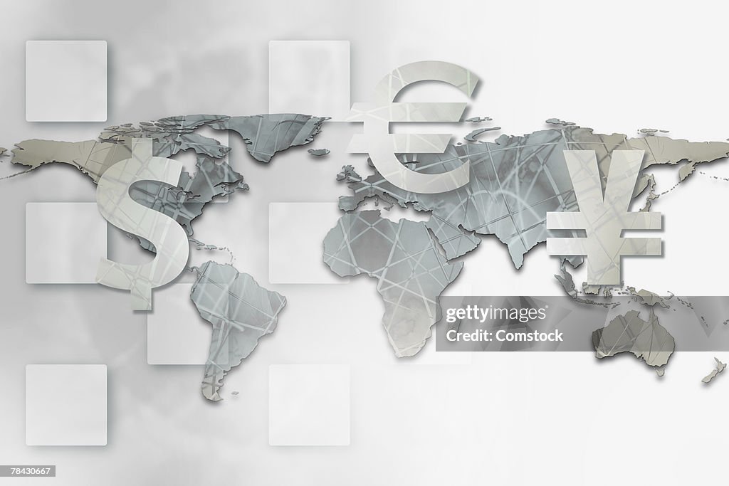 World map with symbols of dollar , euro and yen