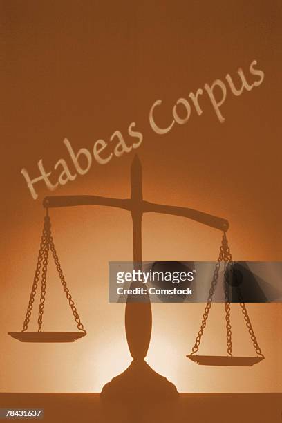 scales of justice with habeas corpus text - habeas_corpus stock-fotos und bilder