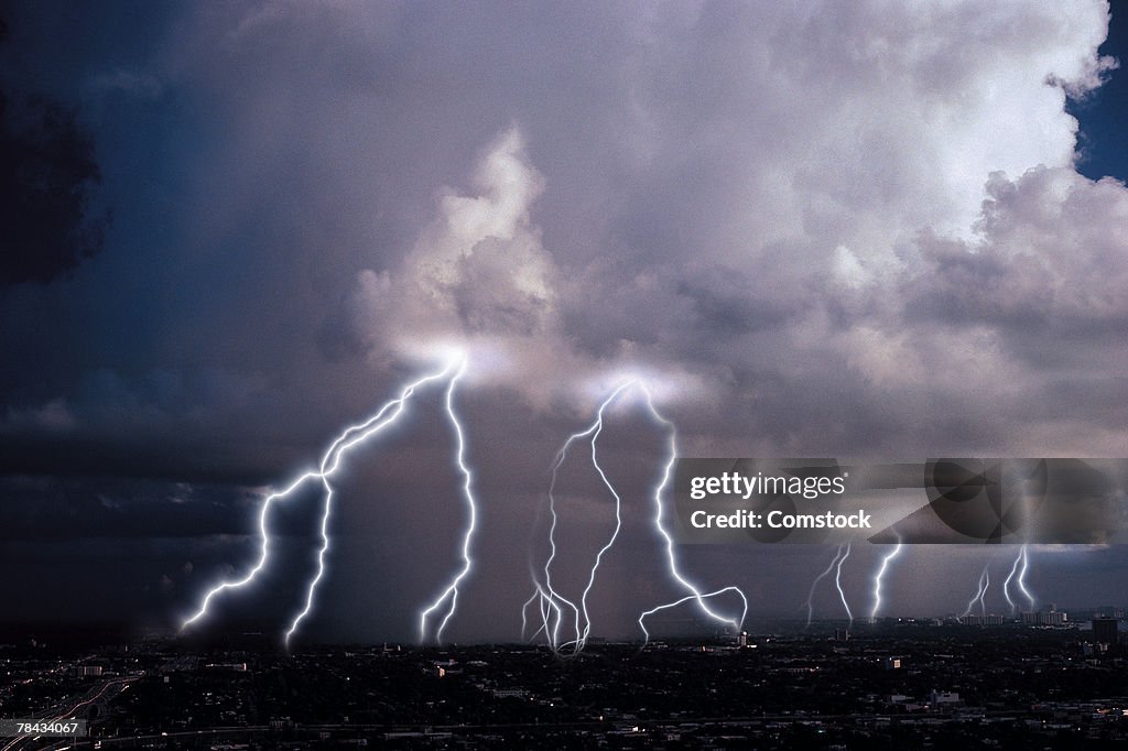 Multiple lightning bolts coming from clouds