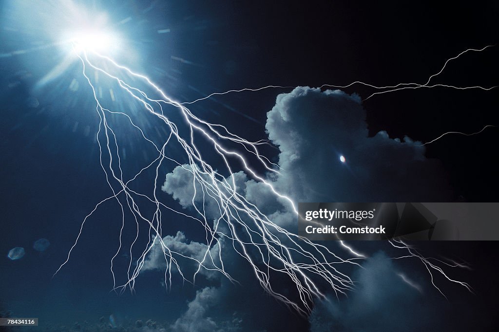 Composite of lightning bolts coming from sun